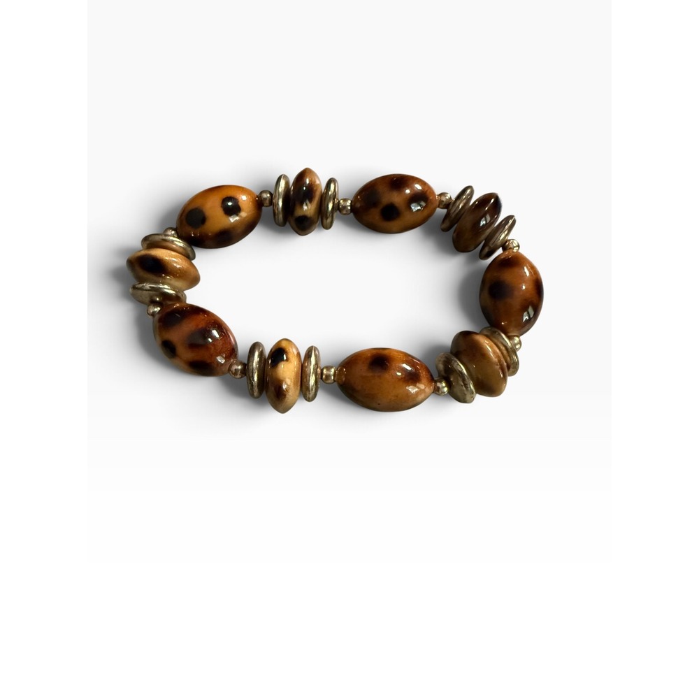 Vintage Style Brown Spotted Animal Print Beaded Stretch Bracelet Gold Tone